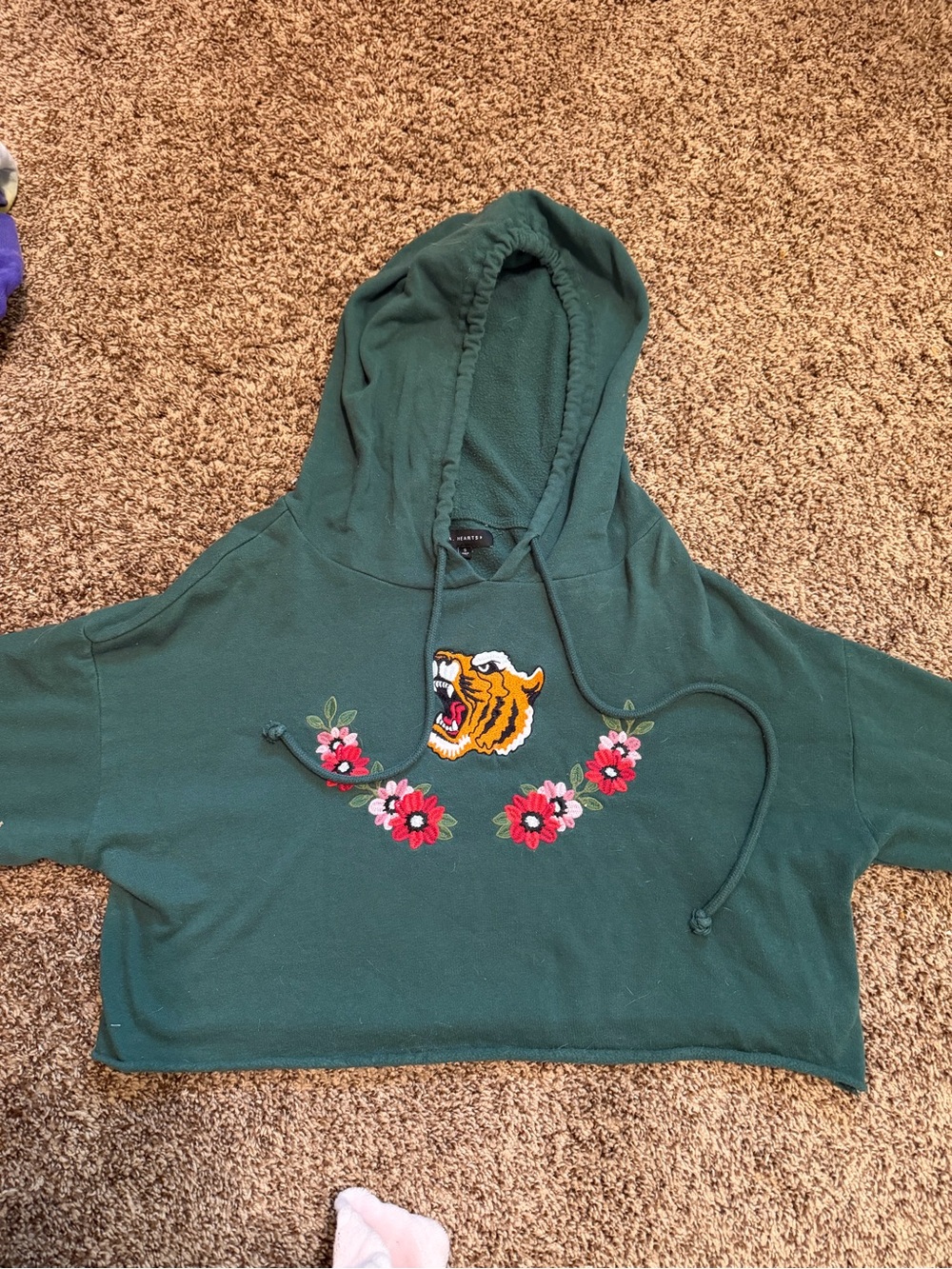 La Hearts Forest Green Cropped Hoodie with Tiger Patch & Pink Floral Embroidery